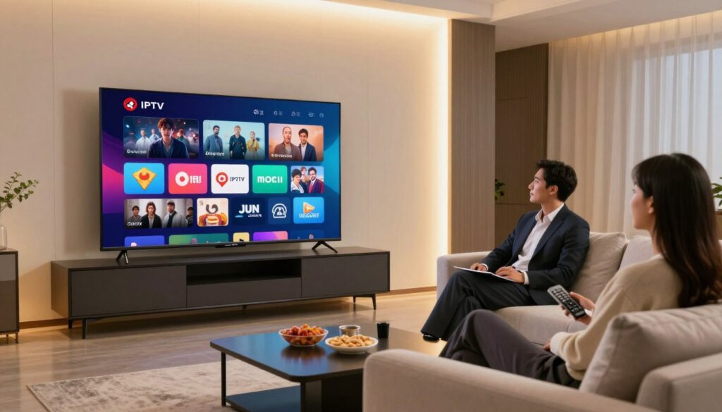 A modern living room setting showcasing the revolution of IPTV and digital entertainment. In the foreground, a sleek, flat-screen television displays a vibrant, abstract representation of various streaming icons, symbolizing a variety of content available through IPTV services. A stylish, comfortable sofa with a couple of people relaxes in professional business attire, looking engaged as they watch. In the middle, a stylish coffee table holds snacks and a remote control, adding a cozy touch. The background features a well-decorated wall with dynamic lighting that casts a warm, inviting glow. The atmosphere is tech-savvy yet homey, reflecting the ease and enjoyment of modern digital entertainment experiences. The scene captures the excitement and convenience of IPTV service without text or logos. A modern living room setting showcasing the revolution of IPTV and digital entertainment. In the foreground, a sleek, flat-screen television displays a vibrant, abstract representation of various streaming icons, symbolizing a variety of content available through IPTV services. A stylish, comfortable sofa with a couple of people relaxes in professional business attire, looking engaged as they watch. In the middle, a stylish coffee table holds snacks and a remote control, adding a cozy touch. The background features a well-decorated wall with dynamic lighting that casts a warm, inviting glow. The atmosphere is tech-savvy yet homey, reflecting the ease and enjoyment of modern digital entertainment experiences. The scene captures the excitement and convenience of IPTV service without text or logos.