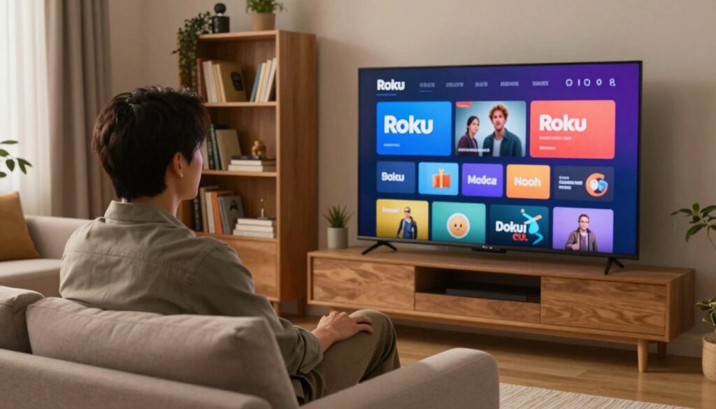 A modern living room setting with a comfortable couch and a large flat-screen TV prominently displaying a colorful user interface of the Roku menu. In the foreground, a well-dressed individual sits on the couch, focused intently on the TV screen, exuding curiosity and excitement. The background features a stylish bookshelf filled with various entertainment options, and a warm ambiance is created by soft, ambient lighting. The scene captures a cozy, inviting atmosphere, perfect for exploring digital content. Use a slightly angled perspective to emphasize the interaction between the viewer and the streaming interface, ensuring the image feels dynamic and engaging. The overall mood should be informative and friendly, showcasing the appeal of streaming services in a professional context. A modern living room setting with a comfortable couch and a large flat-screen TV prominently displaying a colorful user interface of the Roku menu. In the foreground, a well-dressed individual sits on the couch, focused intently on the TV screen, exuding curiosity and excitement. The background features a stylish bookshelf filled with various entertainment options, and a warm ambiance is created by soft, ambient lighting. The scene captures a cozy, inviting atmosphere, perfect for exploring digital content. Use a slightly angled perspective to emphasize the interaction between the viewer and the streaming interface, ensuring the image feels dynamic and engaging. The overall mood should be informative and friendly, showcasing the appeal of streaming services in a professional context.