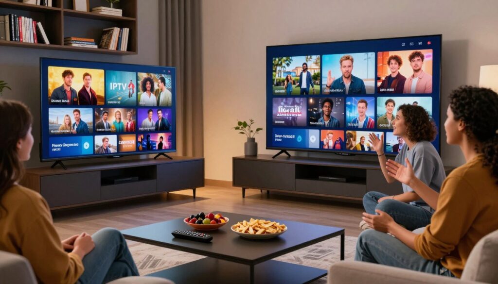 A modern living room setting with a sleek, large flat-screen TV displaying a vibrant array of IPTV channels, showcasing various German shows and movies. In the foreground, a stylish coffee table is adorned with a remote control and snacks, embodying a cozy viewing experience. The middle layer captures a group of diverse individuals dressed in smart casual attire, engaged in watching TV, with expressions of enjoyment and excitement. In the background, a contemporary bookshelf filled with DVDs and books adds a personal touch, while soft ambient lighting creates a warm, inviting atmosphere. The image should convey a sense of community and leisure, emphasizing the joy of experiencing German IPTV packages. A modern living room setting with a sleek, large flat-screen TV displaying a vibrant array of IPTV channels, showcasing various German shows and movies. In the foreground, a stylish coffee table is adorned with a remote control and snacks, embodying a cozy viewing experience. The middle layer captures a group of diverse individuals dressed in smart casual attire, engaged in watching TV, with expressions of enjoyment and excitement. In the background, a contemporary bookshelf filled with DVDs and books adds a personal touch, while soft ambient lighting creates a warm, inviting atmosphere. The image should convey a sense of community and leisure, emphasizing the joy of experiencing German IPTV packages.