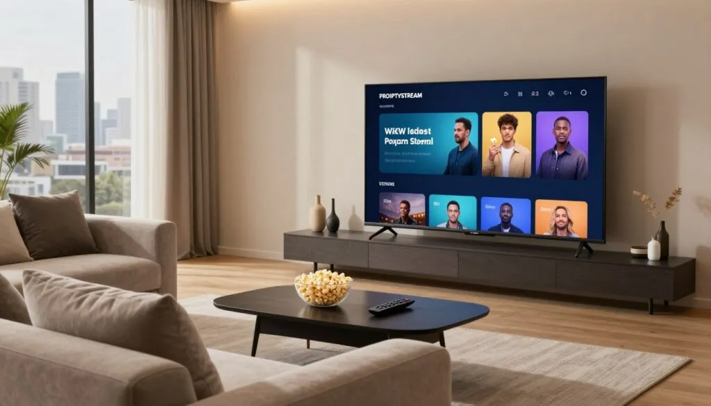 A modern living room setup showcasing a sleek smart TV displaying an elegant user interface of the PROIPTVSTREAM service. In the foreground, a cozy sofa with plush cushions invites relaxation, while a bowl of popcorn and a remote control suggest a casual movie night. The middle ground features a stylish coffee table adorned with a few decorative pieces, creating a warm, inviting atmosphere. In the background, soft, ambient lighting highlights the walls painted in a calming neutral palette. Large windows reveal a cityscape view, hinting at a bustling city life outside. The overall mood is one of comfort and entertainment, ideal for adult streaming services. The scene is designed to exude sophistication and relaxation, emphasizing the pleasure of high-quality streaming in a contemporary home environment.