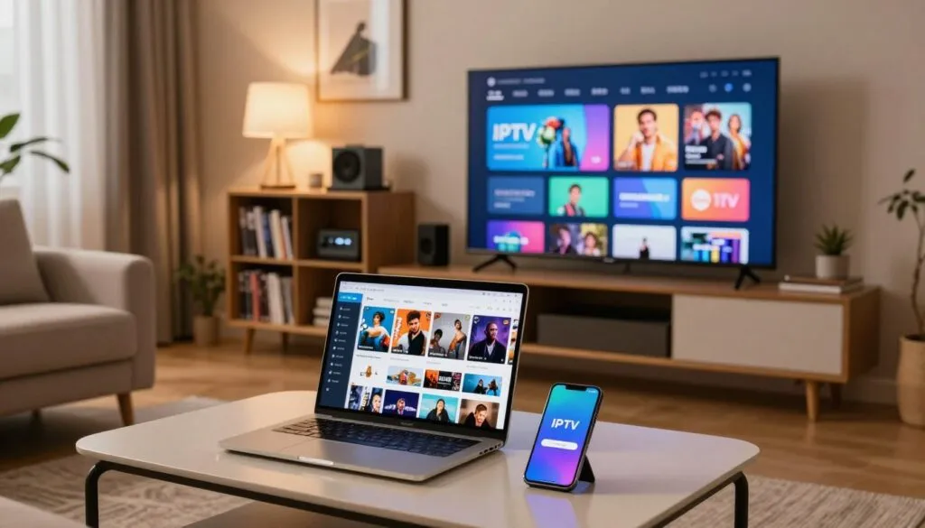 A modern, sleek living room with a large flat-screen TV displaying a colorful digital interface of an IPTV application. In the foreground, a well-organized coffee table holds a laptop and a smartphone, both showcasing an adult IPTV playlist interface with clearly defined categories and thumbnails. The room is well-lit with a warm ambiance, showcasing comfortable furniture. In the middle ground, a stylish bookshelf filled with DVDs and tech gadgets complements the space. The background features a softly glowing lamp and tasteful artwork on the walls, enhancing the inviting atmosphere. The image is captured from a slightly elevated angle to provide a comprehensive view of the scene, emphasizing the modern lifestyle associated with streaming content. The overall mood is cozy and professional, suitable for a guide on using IPTV services. A modern, sleek living room with a large flat-screen TV displaying a colorful digital interface of an IPTV application. In the foreground, a well-organized coffee table holds a laptop and a smartphone, both showcasing an adult IPTV playlist interface with clearly defined categories and thumbnails. The room is well-lit with a warm ambiance, showcasing comfortable furniture. In the middle ground, a stylish bookshelf filled with DVDs and tech gadgets complements the space. The background features a softly glowing lamp and tasteful artwork on the walls, enhancing the inviting atmosphere. The image is captured from a slightly elevated angle to provide a comprehensive view of the scene, emphasizing the modern lifestyle associated with streaming content. The overall mood is cozy and professional, suitable for a guide on using IPTV services.