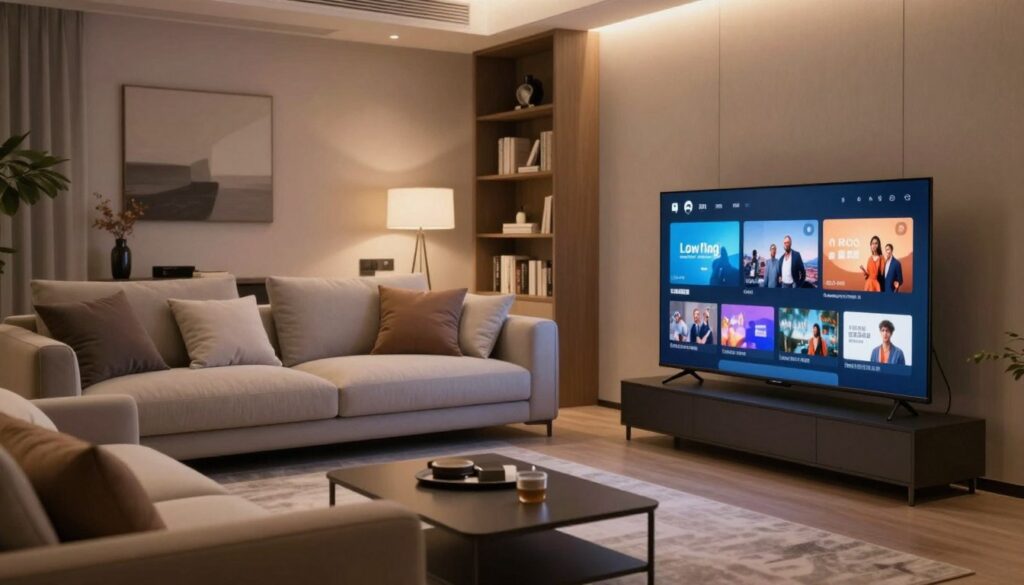 A modern, stylish living room setting with a sleek flat-screen television prominently displayed in the foreground, streaming content with a hint of entertainment sophistication. The middle ground features a comfortable couch adorned with plush cushions, suggesting a relaxed viewing experience. Soft ambient lighting creates a warm and inviting atmosphere, emphasizing a sense of comfort and privacy ideal for home entertainment. In the background, a neatly organized bookshelf with decor items adds depth and character to the room. The overall mood is upscale and serene, reflecting a premium viewing experience. Capture from a slightly elevated angle to showcase the space, with a focus on the television screen, indicating a rich array of entertainment options available through IPTV services.