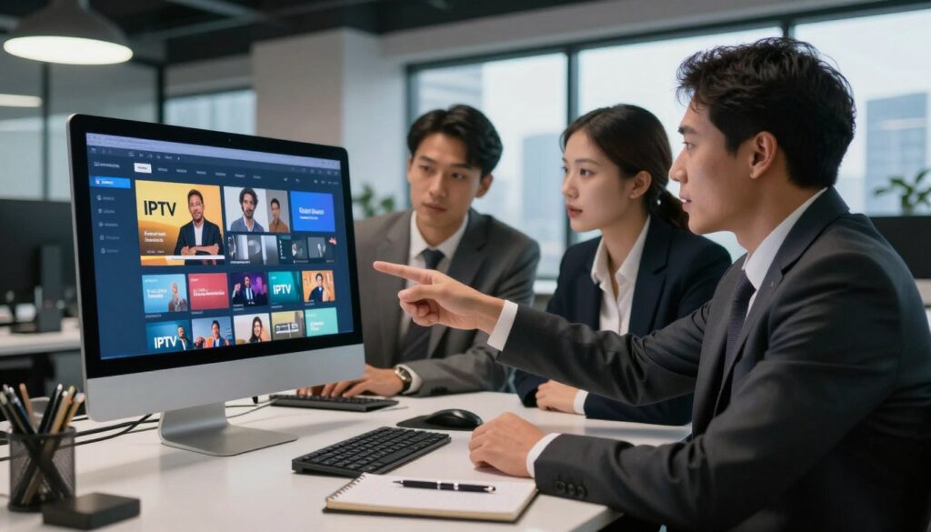 A professional, high-tech workspace featuring a sleek desktop computer displaying a vibrant IPTV interface on the screen, showcasing various channels and categories. In the foreground, there’s a neatly arranged notepad and a pen, symbolizing research and decision-making. In the middle, a group of three diverse professionals in business attire, engaged in a discussion while pointing towards the screen, demonstrating teamwork and selection criteria. The background features a modern office setting with soft, ambient lighting and a large window revealing a city skyline, conveying a sense of professionalism and trust. The atmosphere is focused and inviting, emphasizing a thoughtful approach to choosing the best IPTV services. The image should maintain a clean aesthetic without any distracting elements. A professional, high-tech workspace featuring a sleek desktop computer displaying a vibrant IPTV interface on the screen, showcasing various channels and categories. In the foreground, there’s a neatly arranged notepad and a pen, symbolizing research and decision-making. In the middle, a group of three diverse professionals in business attire, engaged in a discussion while pointing towards the screen, demonstrating teamwork and selection criteria. The background features a modern office setting with soft, ambient lighting and a large window revealing a city skyline, conveying a sense of professionalism and trust. The atmosphere is focused and inviting, emphasizing a thoughtful approach to choosing the best IPTV services. The image should maintain a clean aesthetic without any distracting elements.
