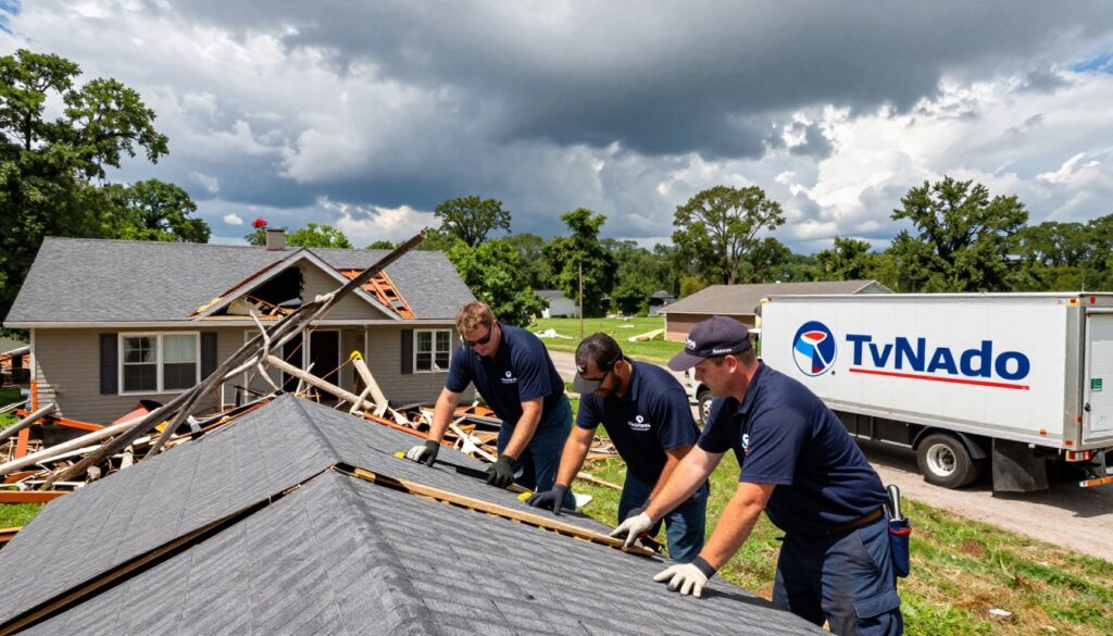 A professional tornado damage restoration scene depicting TvNado Solutions. In the foreground, a team of three restoration experts, dressed in branded uniforms, are examining a damaged roof with tools in hand. The middle ground shows a partially destroyed house with debris and scattered tree branches, while a truck emblazoned with the TvNado logo is parked nearby. In the background, a dramatic sky with swirling clouds indicating recent tornado activity adds tension. The lighting is bright and clear, emphasizing the professionalism and readiness of the team. The camera angle is slightly elevated, giving a comprehensive view of the scene and instilling a sense of hope and resilience in the aftermath of the disaster. A professional tornado damage restoration scene depicting TvNado Solutions. In the foreground, a team of three restoration experts, dressed in branded uniforms, are examining a damaged roof with tools in hand. The middle ground shows a partially destroyed house with debris and scattered tree branches, while a truck emblazoned with the TvNado logo is parked nearby. In the background, a dramatic sky with swirling clouds indicating recent tornado activity adds tension. The lighting is bright and clear, emphasizing the professionalism and readiness of the team. The camera angle is slightly elevated, giving a comprehensive view of the scene and instilling a sense of hope and resilience in the aftermath of the disaster.
