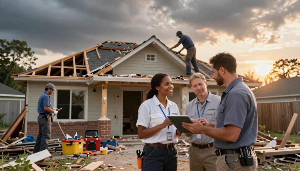 A professional tornado damage restoration scene showcasing a trustworthy restoration team in action. In the foreground, a diverse group of three professionals wearing branded uniforms, one holding a digital tablet, examining damage to a house surrounded by debris, while another is analyzing the roof. In the middle, the damaged structure reveals signs of restoration work, with tools and equipment neatly organized, emphasizing competence and reliability. In the background, stormy skies clearing up, casting a warm golden light as the sun begins to break through, evoking a sense of hope and renewal. The overall mood is one of professionalism, optimism, and assurance, with a focus on teamwork and expertise in handling restoration challenges. A professional tornado damage restoration scene showcasing a trustworthy restoration team in action. In the foreground, a diverse group of three professionals wearing branded uniforms, one holding a digital tablet, examining damage to a house surrounded by debris, while another is analyzing the roof. In the middle, the damaged structure reveals signs of restoration work, with tools and equipment neatly organized, emphasizing competence and reliability. In the background, stormy skies clearing up, casting a warm golden light as the sun begins to break through, evoking a sense of hope and renewal. The overall mood is one of professionalism, optimism, and assurance, with a focus on teamwork and expertise in handling restoration challenges.