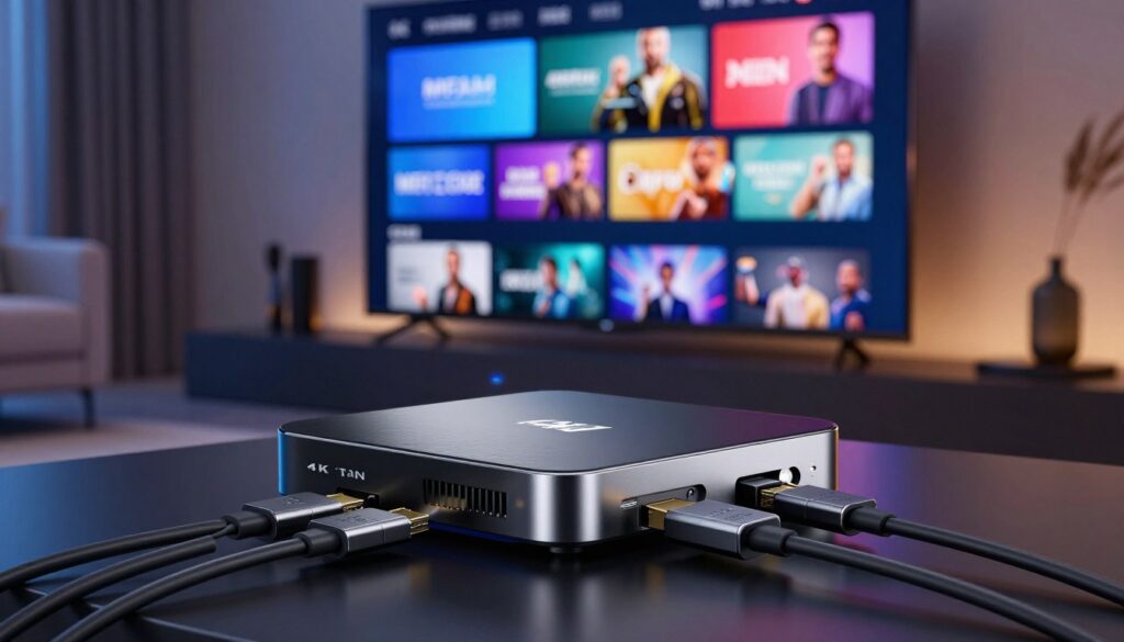 A sleek 4K IPTV set-top box sits prominently in the foreground, showcasing its modern design with glossy black and silver finishes. Surrounding it, high-quality HDMI cables are neatly arranged, emphasizing connectivity and premium performance. In the middle ground, a high-definition television glows with vibrant colors displaying a streaming interface, demonstrating the clarity of 4K resolution. The background features a stylish living room with soft ambient lighting, enhancing a cozy atmosphere. A subtle lens flare from the TV adds depth, and the image is shot from a slightly elevated angle to capture both the equipment and the screen in perfect focus. The overall mood is sleek and modern, inviting viewers to imagine the premium experience of 4K IPTV streaming. A sleek 4K IPTV set-top box sits prominently in the foreground, showcasing its modern design with glossy black and silver finishes. Surrounding it, high-quality HDMI cables are neatly arranged, emphasizing connectivity and premium performance. In the middle ground, a high-definition television glows with vibrant colors displaying a streaming interface, demonstrating the clarity of 4K resolution. The background features a stylish living room with soft ambient lighting, enhancing a cozy atmosphere. A subtle lens flare from the TV adds depth, and the image is shot from a slightly elevated angle to capture both the equipment and the screen in perfect focus. The overall mood is sleek and modern, inviting viewers to imagine the premium experience of 4K IPTV streaming.