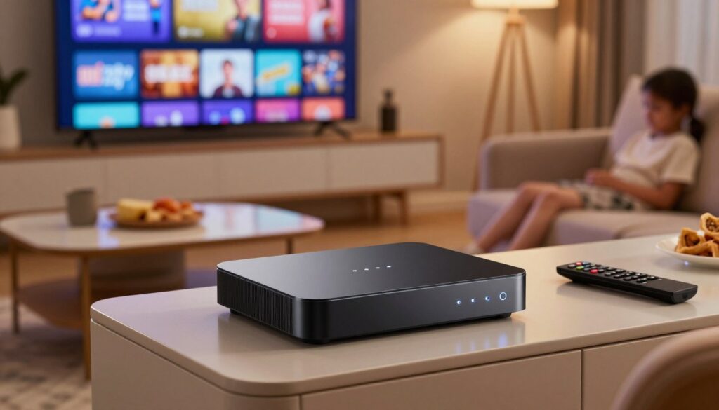 A sleek IPTV sender device sits prominently in the foreground, showcasing its modern design with smooth edges and a minimalist interface. The device features LED lights indicating active connections, reflecting its high-tech functionality. Surrounding the device, a cozy living room scene represents a family setting, with a plush couch and a stylish coffee table adorned with a remote control and snacks. In the background, a large flat-screen TV displays a vibrant array of colorful channels symbolizing the extensive content offer. Soft, ambient lighting fills the room, creating a warm and inviting atmosphere. The angle is slightly elevated to focus on the device and the engaging television display, conveying a sense of modern convenience and entertainment in a home environment. A sleek IPTV sender device sits prominently in the foreground, showcasing its modern design with smooth edges and a minimalist interface. The device features LED lights indicating active connections, reflecting its high-tech functionality. Surrounding the device, a cozy living room scene represents a family setting, with a plush couch and a stylish coffee table adorned with a remote control and snacks. In the background, a large flat-screen TV displays a vibrant array of colorful channels symbolizing the extensive content offer. Soft, ambient lighting fills the room, creating a warm and inviting atmosphere. The angle is slightly elevated to focus on the device and the engaging television display, conveying a sense of modern convenience and entertainment in a home environment.