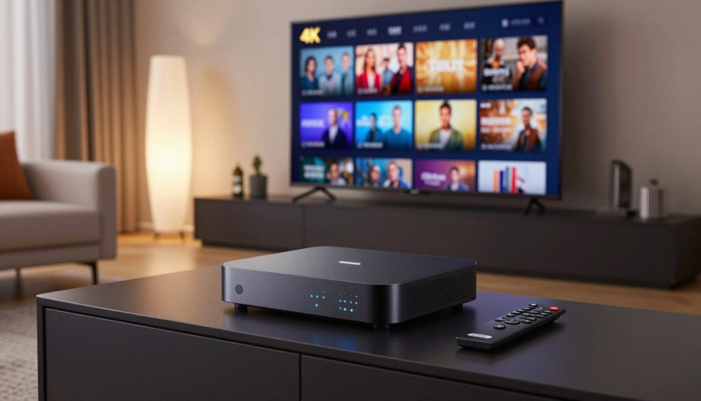 A sleek and modern 4K IPTV streaming setup prominently displayed in a tech-savvy living room. In the foreground, a high-end streaming device with illuminated LED indicators sits on a stylish media console. Next to it, a remote control with a minimalist design. The middle ground features a large 4K smart TV showcasing vibrant, high-resolution content, emphasizing the clarity of IPTV streaming. The background is filled with contemporary decor, soft lighting from a stylish lamp, and a cozy couch, creating an inviting atmosphere. Use soft diffused lighting to highlight the equipment and create a warm ambiance. The angle should provide a dynamic perspective, making the viewer feel immersed in this modern entertainment space. The overall mood is sophisticated yet relaxed, perfect for enjoying 4K content at home.