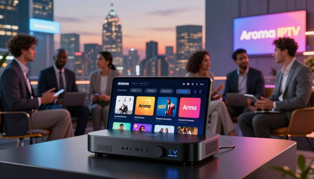 A sleek and modern digital marketplace illustrating Aroma IPTV's rising position in the competitive streaming industry. In the foreground, a futuristic streaming device is prominently displayed, showcasing vibrant app icons symbolizing various content offerings. In the middle ground, a diverse group of professionals, dressed in business attire, engages in animated discussions, symbolizing collaboration and innovation. The background features a city skyline at dusk, with bright neon lights and digital billboards highlighting the evolution of streaming services. Soft, ambient lighting casts a warm glow over the scene, enhancing the atmosphere of growth and ambition. The overall mood is dynamic and inspirational, capturing the essence of Aroma IPTV's ascent in a visually compelling manner. A sleek and modern digital marketplace illustrating Aroma IPTV's rising position in the competitive streaming industry. In the foreground, a futuristic streaming device is prominently displayed, showcasing vibrant app icons symbolizing various content offerings. In the middle ground, a diverse group of professionals, dressed in business attire, engages in animated discussions, symbolizing collaboration and innovation. The background features a city skyline at dusk, with bright neon lights and digital billboards highlighting the evolution of streaming services. Soft, ambient lighting casts a warm glow over the scene, enhancing the atmosphere of growth and ambition. The overall mood is dynamic and inspirational, capturing the essence of Aroma IPTV's ascent in a visually compelling manner.