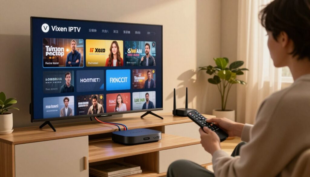 A sleek and modern living room setup showcasing the Vixen IPTV installation process. In the foreground, a stylish TV console features a high-definition television displaying vibrant streaming content. Beside the TV, a user in casual clothing interacts with a smart remote control, focused and engaged. In the middle, various electronic devices like a streaming box and a router connected with colorful cables are neatly arranged. The background includes soft ambient lighting, giving the room a cozy atmosphere, with a few plants adding a touch of greenery. The scene is captured with a warm color palette, evoking a sense of comfort and modernity, and is framed from a slight angle to emphasize the IPTV setup. No text or distractions are present, maintaining a clear focus on the installation process. A sleek and modern living room setup showcasing the Vixen IPTV installation process. In the foreground, a stylish TV console features a high-definition television displaying vibrant streaming content. Beside the TV, a user in casual clothing interacts with a smart remote control, focused and engaged. In the middle, various electronic devices like a streaming box and a router connected with colorful cables are neatly arranged. The background includes soft ambient lighting, giving the room a cozy atmosphere, with a few plants adding a touch of greenery. The scene is captured with a warm color palette, evoking a sense of comfort and modernity, and is framed from a slight angle to emphasize the IPTV setup. No text or distractions are present, maintaining a clear focus on the installation process.