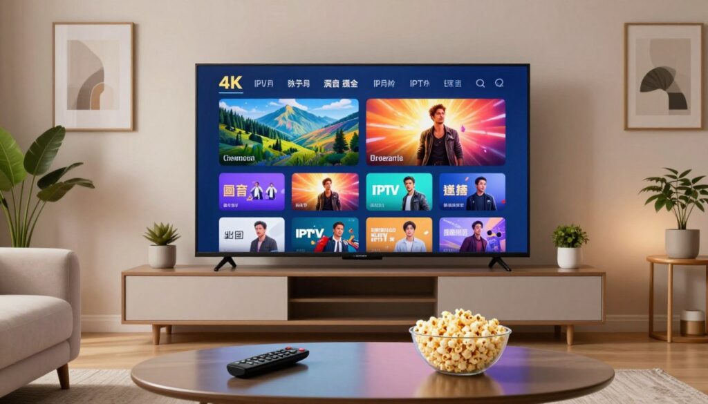 A sleek living room featuring a modern entertainment setup focused on a large, ultra-high-definition (4K) television displaying a colorful IPTV streaming interface. In the foreground, a stylish coffee table holds a remote control and a bowl of popcorn, inviting viewers to indulge in a viewing experience. The middle layer showcases the television prominently, with bright, vivid colors and crystal-clear resolution depicting lush landscapes and dynamic scenes from popular shows. The background includes soft, ambient lighting that enhances the cozy atmosphere, with a plush sofa and decorative elements such as potted plants and art on the walls. The overall mood is inviting and high-tech, emphasizing the seamless and immersive experience of 4K streaming.