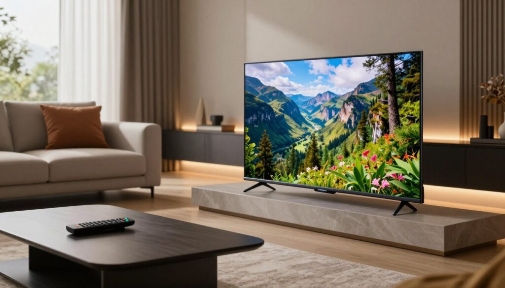 A sleek living room scene showcasing the essence of 4K IPTV technology. In the foreground, a modern flat-screen TV displays vibrant, crystal-clear images of a nature documentary in 4K resolution. A stylish coffee table holds a remote, with the faint glow of the TV illuminating the space. In the middle ground, a comfortable sofa with stylish cushions faces the TV, creating an inviting atmosphere. The background features a futuristic entertainment unit, with subtle LED lighting that enhances the tech-savvy ambiance. Natural light streams through large windows, creating a warm, welcoming mood. The angle is slightly tilted from the side, capturing both the TV and the cozy living area. The overall feel of the image should convey innovation, comfort, and the cutting-edge nature of 4K IPTV technology. A sleek living room scene showcasing the essence of 4K IPTV technology. In the foreground, a modern flat-screen TV displays vibrant, crystal-clear images of a nature documentary in 4K resolution. A stylish coffee table holds a remote, with the faint glow of the TV illuminating the space. In the middle ground, a comfortable sofa with stylish cushions faces the TV, creating an inviting atmosphere. The background features a futuristic entertainment unit, with subtle LED lighting that enhances the tech-savvy ambiance. Natural light streams through large windows, creating a warm, welcoming mood. The angle is slightly tilted from the side, capturing both the TV and the cozy living area. The overall feel of the image should convey innovation, comfort, and the cutting-edge nature of 4K IPTV technology.