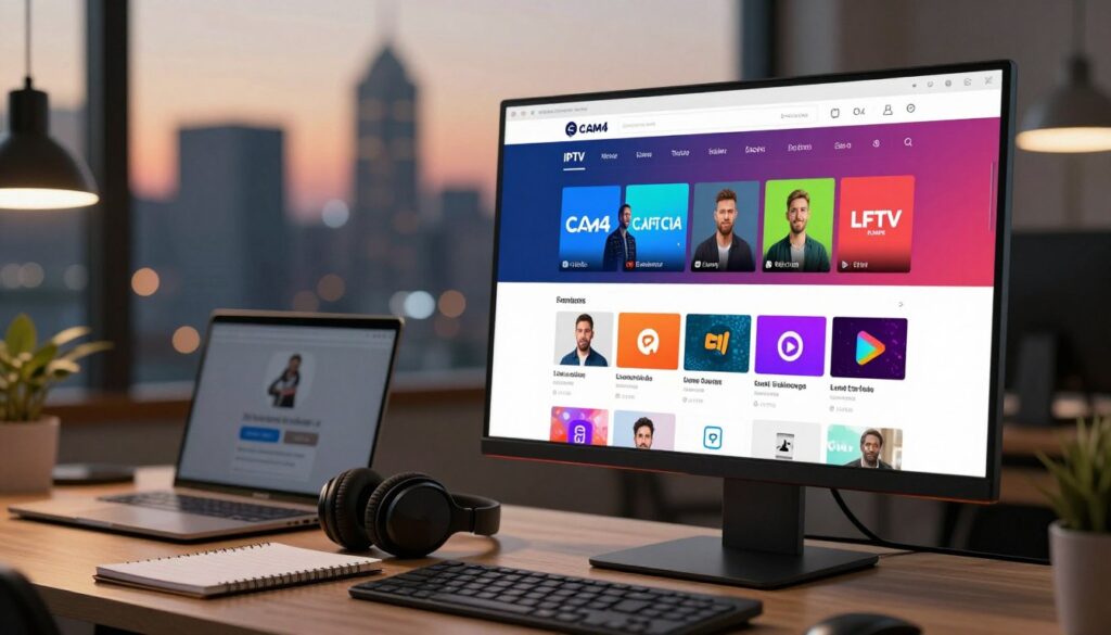 A sleek, modern digital interface showcasing a variety of IPTV streaming links, prominently featuring a vibrant selection of cam live streams. In the foreground, a computer monitor displays a user-friendly dashboard filled with colorful icons and links that represent various live streams from Cam4, all designed with a high-tech aesthetic. The middle ground includes a stylish office setup with a laptop, headphones, and a notepad, illuminated by soft, warm lighting to convey a cozy yet professional atmosphere. In the background, a blurred silhouette of a contemporary city skyline at dusk adds depth, suggesting a connection to the wider online streaming world. The scene captures a sense of excitement and engagement with technology, ideal for a sophisticated audience.