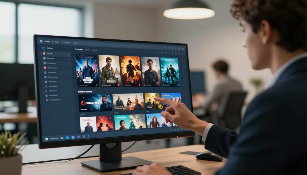 A sleek, modern digital workspace, showcasing a vibrant platform overview of streaming features. In the foreground, a high-tech computer monitor displays an organized interface with thumbnails of various movie genres, navigation menus, and prominent streaming options. The middle ground features a stylish, professional individual in business attire, interacting with the interface, suggesting engagement and connectivity. The background exhibits a contemporary office setting with soft ambient lighting that creates a warm and inviting atmosphere, while large windows let in natural light, illuminating the space. The overall mood is professional, innovative, and user-friendly, reflecting an advanced streaming platform. Shallow depth of field adds focus to the monitor, enhancing the tech-savvy essence of the scene.