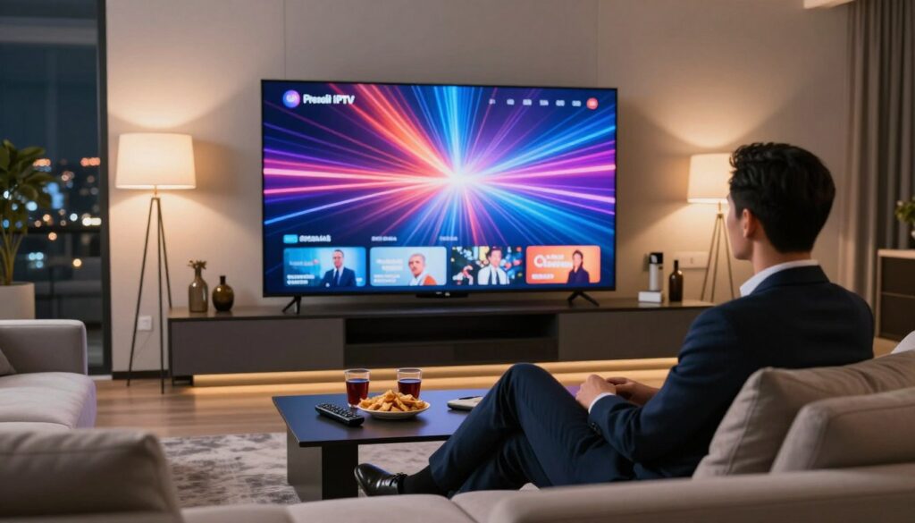 A sleek modern living room featuring a large flat-screen TV displaying an abstract visual of streaming content, symbolizing premium adult IPTV service. In the foreground, a professional-looking person in business attire, embodying sophistication, is seated comfortably on a stylish sofa, captivated by the vibrant images on the screen. The middle ground includes a contemporary coffee table with remote controls, snacks, and drinks, enhancing a relaxed atmosphere of home entertainment. The background showcases elegant decor, soft lighting from strategically placed lamps, and a window with city lights, creating a cozy yet upscale mood. The entire scene captures the essence of premium entertainment, inviting viewers into a world of endless options.
