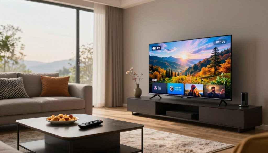 A sleek modern living room featuring a large flat-screen TV displaying vibrant 4K IPTV content, showcasing a stunning landscape scene. In the foreground, a stylish coffee table with a remote control and snacks rests on a plush rug. The middle ground is filled with a comfortable sofa adorned with decorative cushions, inviting viewers to sit and enjoy streaming. The background showcases large windows that let in soft daylight, illuminating the room with a warm, inviting glow. The atmosphere is relaxed and tech-savvy, portraying a contemporary lifestyle. The use of light should create a cozy yet dynamic ambiance, emphasizing the advanced technology of 4K streaming. The lens type should suggest depth of field, focusing on the TV without losing the essence of the inviting home environment.