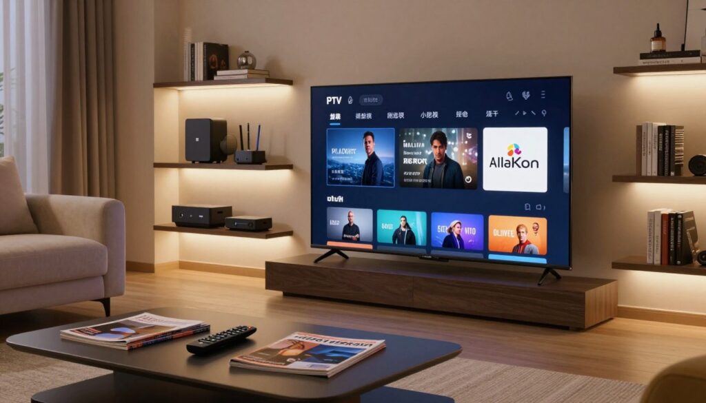 A sleek, modern living room featuring an ultra-high-definition television displaying a sophisticated user interface for an IPTV service. In the foreground, a stylish coffee table is adorned with a remote control and a few tech magazines. The middle ground includes plush seating with subtle lighting highlighting the entertainment setup. The background showcases a well-organized shelf filled with various streaming devices and books about digital media. The atmosphere is warm and inviting, with soft, ambient lighting casting a cozy glow. The angle should be slightly elevated, providing a comprehensive view of the space while ensuring no people are present, maintaining a professional, polished look for the scene.
