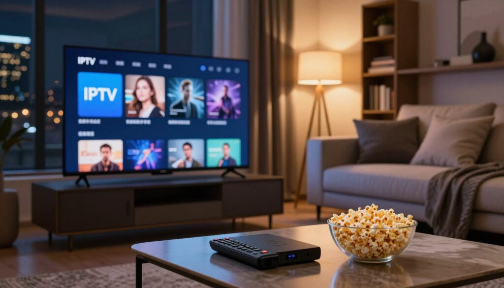 A sleek, modern living room scene showcasing a high-definition television displaying an IPTV interface. In the foreground, a stylish coffee table holds a remote control, an IPTV subscription box, and a bowl of popcorn. The middle ground features a comfortable couch adorned with plush cushions, and a decorative bookshelf filled with various media. The background displays a softly lit room, with warm ambient lighting coming from stylish lamps, creating a cozy atmosphere. A large window reveals a nighttime cityscape with twinkling lights, enhancing the premium feel. The mood is inviting and sophisticated, signifying a premium IPTV service. The overall color palette includes rich hues, emphasizing luxury and comfort. The image captures the essence of enjoying high-quality entertainment at home.