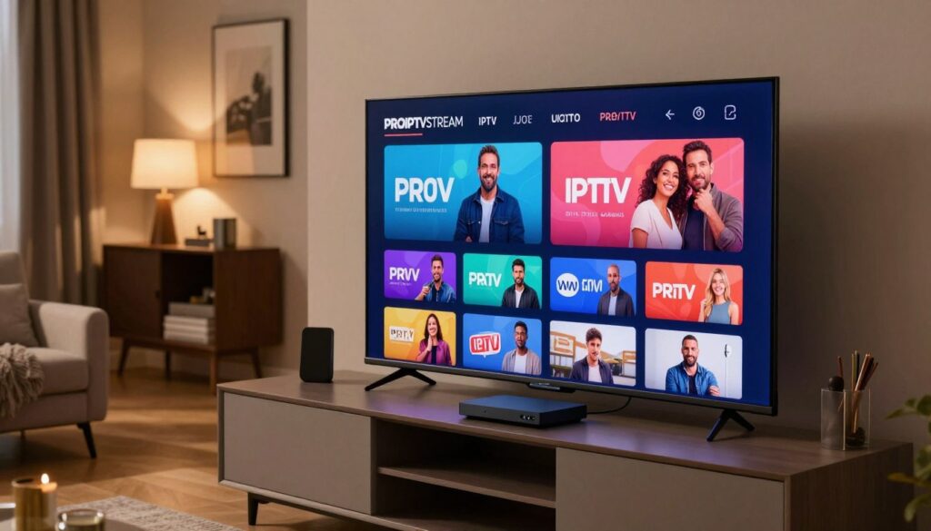 A sleek, modern living room setting as the foreground features a large, high-definition television displaying the "PROIPTVSTREAM" logo with vibrant, colorful images of popular IPTV channels streaming. In the middle, a stylish entertainment unit is adorned with a digital streaming device and a remote control, emphasizing cutting-edge technology. The background showcases a cozy ambiance with soft, warm lighting that evokes a relaxed atmosphere, while elegant decor elements like framed artwork and ambient lighting fixtures hint at sophistication. Capture the scene from a slightly elevated angle to highlight the TV and the inviting space, conveying a sense of comfort and excitement about the viewing experience of premium IPTV channels.