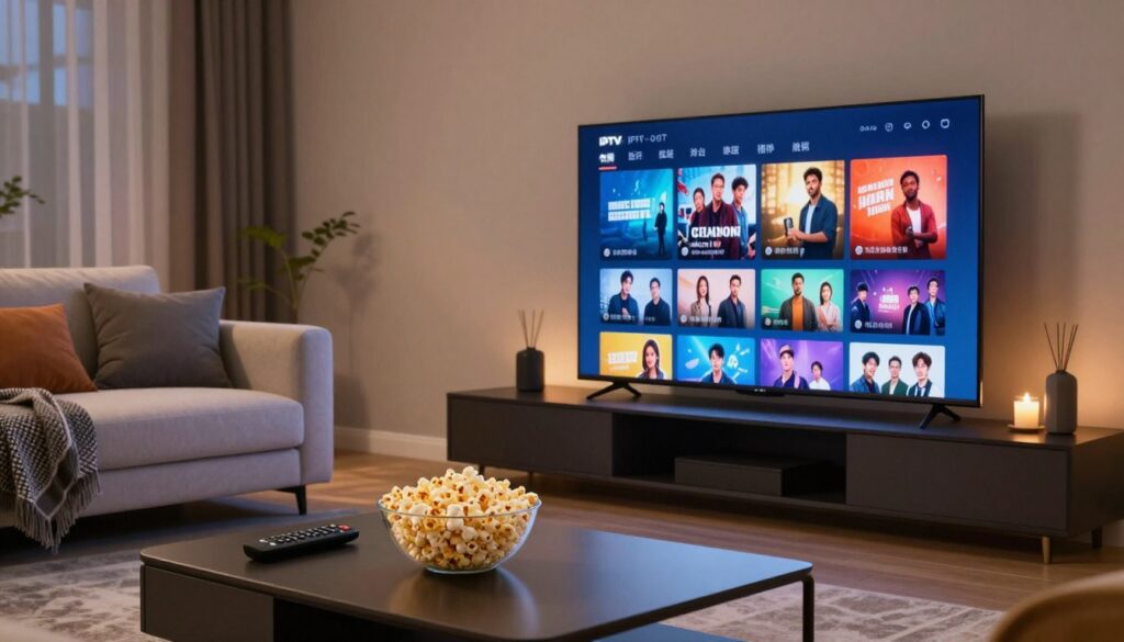 A sleek, modern living room setting featuring a large flat-screen TV displaying a vibrant IPTV streaming interface with colorful thumbnails of popular shows and movies. In the foreground, a stylish coffee table holds a remote control and a bowl of popcorn, symbolizing a cozy movie night. The middle ground includes a comfortable sofa with plush cushions and a stylish throw, inviting viewers to settle in. The background showcases a softly lit space with ambient lighting, creating a warm and welcoming atmosphere. The scene is illuminated by soft, diffused light, casting gentle shadows, enhancing the feeling of relaxation and entertainment. The overall mood is inviting and modern, reflecting the growing trend of home entertainment through IPTV services. A sleek, modern living room setting featuring a large flat-screen TV displaying a vibrant IPTV streaming interface with colorful thumbnails of popular shows and movies. In the foreground, a stylish coffee table holds a remote control and a bowl of popcorn, symbolizing a cozy movie night. The middle ground includes a comfortable sofa with plush cushions and a stylish throw, inviting viewers to settle in. The background showcases a softly lit space with ambient lighting, creating a warm and welcoming atmosphere. The scene is illuminated by soft, diffused light, casting gentle shadows, enhancing the feeling of relaxation and entertainment. The overall mood is inviting and modern, reflecting the growing trend of home entertainment through IPTV services.