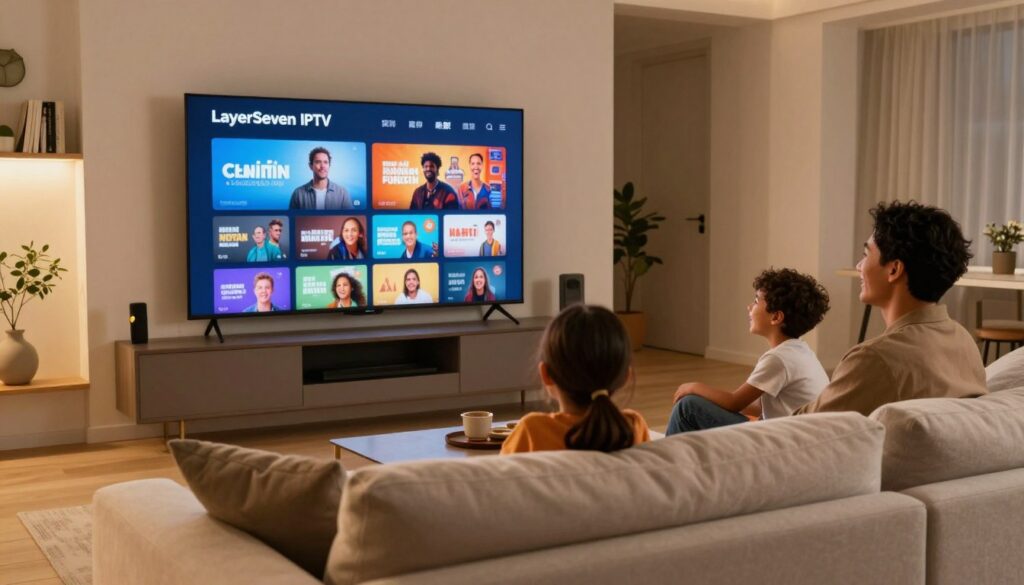 A sleek, modern living room setting showcasing a family enjoying LayerSeven IPTV streaming on a large flat-screen TV mounted on the wall. In the foreground, a comfortable sofa with plush cushions, where a diverse family of four—two adults and two children, all wearing casual yet stylish clothing—are laughing and engaged in a movie night experience. The middle ground features the TV displaying vibrant streaming content with clear, crisp visuals, emphasizing the high-quality experience. The room is warmly lit, with soft, ambient lighting creating a cozy atmosphere. In the background, there are shelves with books and decorative items, contributing to a homey feel. Using a 35mm lens for a slightly wide-angle perspective, the scene captures an inviting, engaging atmosphere that embodies seamless entertainment.