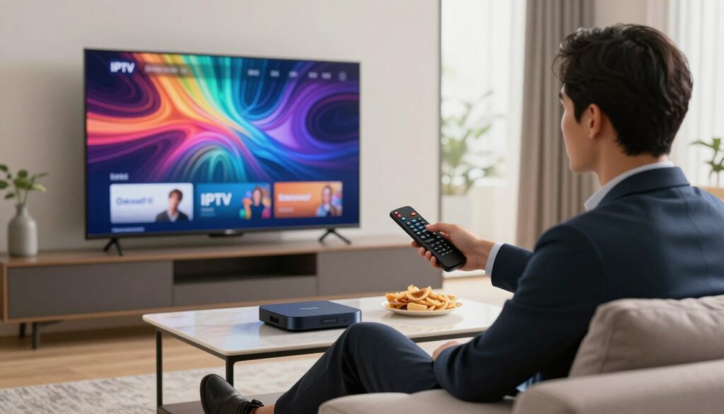 A sleek modern living room setting with a large flat-screen TV displaying an abstract, vibrant visual representing digital streaming. In the foreground, a professional individual dressed in business attire sits comfortably on a stylish sofa, holding a remote control and looking intrigued by the IPTV interface. The middle ground features a contemporary coffee table with a sleek streaming device and some snacks, symbolizing a cozy viewing experience. The background showcases a large window with soft, natural light filtering in, creating a warm and inviting atmosphere. The overall mood is relaxed and engaging, emphasizing the premium quality of IPTV services without any explicit or provocative elements. Use a soft focus lens effect to enhance the intimate feel of the space while maintaining clarity on the IPTV technology being highlighted.