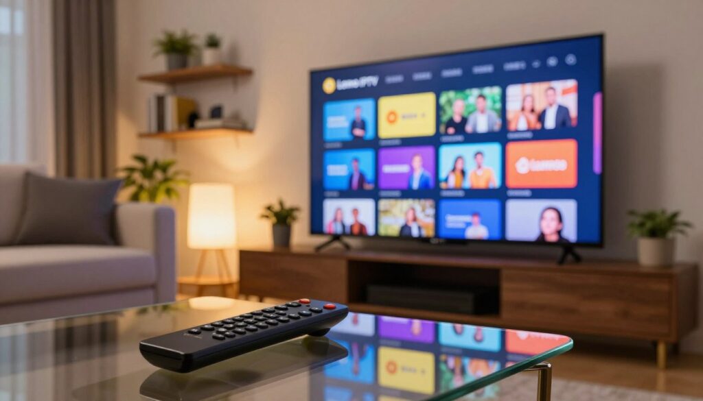A sleek, modern living room setting with a large flat-screen TV displaying the Lemo IPTV channel selection interface, which features vibrant thumbnails of various channels and shows. In the foreground, a stylish remote control rests on a glass coffee table, reflecting the dynamic colors of the interface. The middle ground includes a cozy couch with neutral-colored cushions, creating an inviting atmosphere. Soft, ambient lighting fills the room, with a warm glow that highlights the sleek design of the TV and furniture. In the background, decorative shelves with plants and books add a touch of personality. The overall mood is relaxed and tech-savvy, appealing to viewers interested in streaming services. The angle captures a perspective that draws the viewer's eye towards the TV, emphasizing the channel selection.