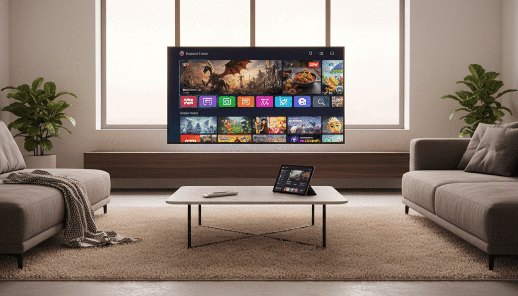 A sleek, modern living room showcasing IPTV technology in action. In the foreground, a high-definition television displays various streaming applications with vibrant visuals from different genres, suggesting a range of entertainment options available. The middle section features a smart remote control and a tablet on a stylish coffee table, demonstrating user interaction with IPTV services. The background includes a window with soft natural light illuminating the space, enhancing the warmth of the atmosphere. Use a wide-angle lens to capture the entire room, ensuring a cozy and inviting feel. The mood is one of relaxation and advanced technology, indicating the convenience and richness of the IPTV experience. A sleek, modern living room showcasing IPTV technology in action. In the foreground, a high-definition television displays various streaming applications with vibrant visuals from different genres, suggesting a range of entertainment options available. The middle section features a smart remote control and a tablet on a stylish coffee table, demonstrating user interaction with IPTV services. The background includes a window with soft natural light illuminating the space, enhancing the warmth of the atmosphere. Use a wide-angle lens to capture the entire room, ensuring a cozy and inviting feel. The mood is one of relaxation and advanced technology, indicating the convenience and richness of the IPTV experience.