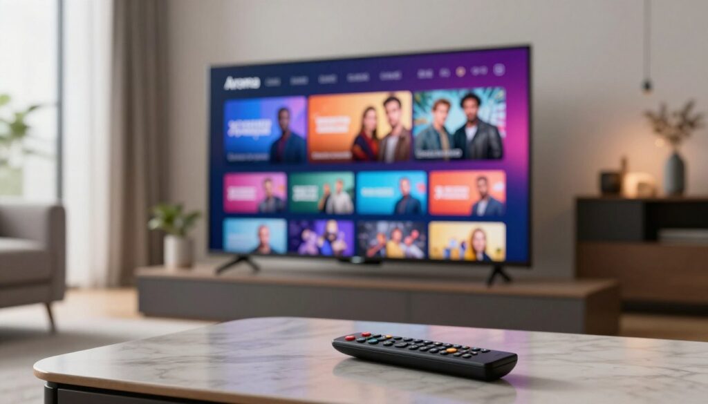 A sleek, modern living room showcasing a high-definition television displaying vibrant streaming content, symbolizing the exceptional quality of Aroma IPTV. In the foreground, a remote control lies casually on a stylish coffee table, hinting at user-friendly interaction. The middle ground features the TV screen radiating vivid colors and sharp details, with a close-up of a streaming interface highlighted by dynamic visuals of popular shows. The background is softly blurred to emphasize the scene, decorated with contemporary furniture and ambient lighting that creates a cozy, inviting atmosphere. The mood is one of relaxation and enjoyment, suggesting an immersive viewing experience. Natural light filters in through large windows, enhancing the overall brightness and warmth of the setting. A sleek, modern living room showcasing a high-definition television displaying vibrant streaming content, symbolizing the exceptional quality of Aroma IPTV. In the foreground, a remote control lies casually on a stylish coffee table, hinting at user-friendly interaction. The middle ground features the TV screen radiating vivid colors and sharp details, with a close-up of a streaming interface highlighted by dynamic visuals of popular shows. The background is softly blurred to emphasize the scene, decorated with contemporary furniture and ambient lighting that creates a cozy, inviting atmosphere. The mood is one of relaxation and enjoyment, suggesting an immersive viewing experience. Natural light filters in through large windows, enhancing the overall brightness and warmth of the setting.