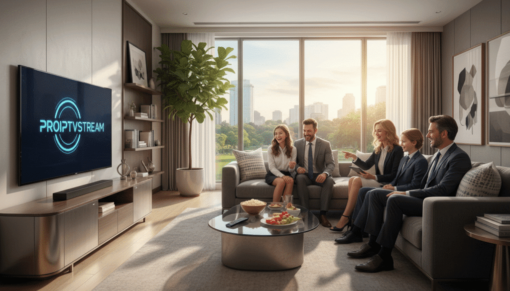 A sleek, modern living room showcasing a high-definition television prominently displaying the PROIPTVSTREAM logo. The foreground features a stylish coffee table with a remote control and snacks, inviting relaxation. In the middle, a comfortable sofa with pillows creates a cozy atmosphere where a family of four or five, dressed in professional business attire, sit together, enjoying their IPTV service. They exhibit expressions of excitement and engagement. The background features a large window with natural light streaming in, casting a warm glow throughout the space, highlighting stylish decor elements. The overall mood is inviting and engaging, reflecting a premium entertainment experience. The camera angle is slightly above eye level, providing a dynamic view of the scene without any text or overlays. A sleek, modern living room showcasing a high-definition television prominently displaying the PROIPTVSTREAM logo. The foreground features a stylish coffee table with a remote control and snacks, inviting relaxation. In the middle, a comfortable sofa with pillows creates a cozy atmosphere where a family of four or five, dressed in professional business attire, sit together, enjoying their IPTV service. They exhibit expressions of excitement and engagement. The background features a large window with natural light streaming in, casting a warm glow throughout the space, highlighting stylish decor elements. The overall mood is inviting and engaging, reflecting a premium entertainment experience. The camera angle is slightly above eye level, providing a dynamic view of the scene without any text or overlays.