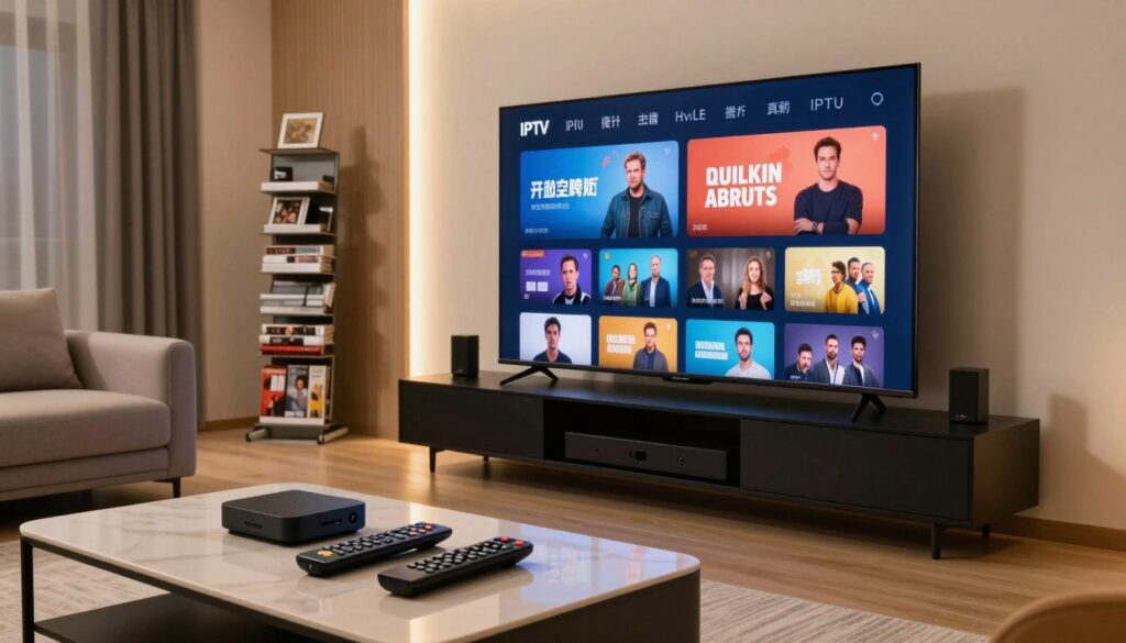 A sleek, modern living room with a large flat-screen TV displaying an IPTV menu filled with various channel options, including a prominent section for adult programming. In the foreground, two remote controls sit on a stylish coffee table, alongside a sleek black media console loaded with streaming devices. The middle ground features comfortable seating, elegantly arranged to create a welcoming atmosphere. Soft, ambient lighting casts a warm glow throughout the room. In the background, a bookshelf stacked with entertainment-related magazines and decor adds a cozy touch. The overall mood is inviting and luxurious, suggesting a premium viewing experience. The composition is captured from a slightly elevated angle to provide a comprehensive view of the IPTV setup, emphasizing the modern and sophisticated approach of premium IPTV services.
