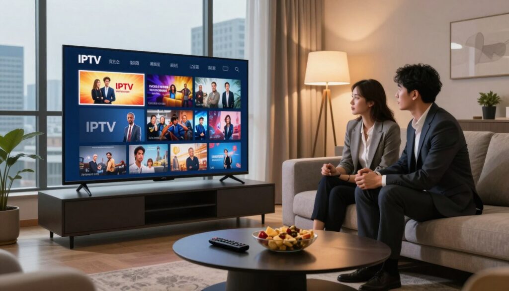 A sleek, modern living room with a large flat-screen TV displaying an IPTV service interface, showcasing vibrant thumbnails of popular channels. In the foreground, a stylish coffee table with a remote control and snacks hints at a cozy viewing experience. The middle ground features a comfortable sofa with a couple of individuals dressed in professional business attire, engaged in reviewing the IPTV service on the TV, conveying a sense of evaluation and professionalism. Soft, warm lighting from floor lamps creates an inviting atmosphere, while a large window reveals a cityscape in the background, suggesting a modern urban environment. The angle is slightly elevated, emphasizing both the TV and the viewers' engaged expressions, illustrating the concept of quality IPTV evaluation. A sleek, modern living room with a large flat-screen TV displaying an IPTV service interface, showcasing vibrant thumbnails of popular channels. In the foreground, a stylish coffee table with a remote control and snacks hints at a cozy viewing experience. The middle ground features a comfortable sofa with a couple of individuals dressed in professional business attire, engaged in reviewing the IPTV service on the TV, conveying a sense of evaluation and professionalism. Soft, warm lighting from floor lamps creates an inviting atmosphere, while a large window reveals a cityscape in the background, suggesting a modern urban environment. The angle is slightly elevated, emphasizing both the TV and the viewers' engaged expressions, illustrating the concept of quality IPTV evaluation.