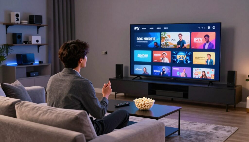 A sleek, modern living room with a large flat-screen TV displaying dynamic IPTV streaming content. In the foreground, a comfortable sofa with plush cushions and a stylish coffee table, featuring a remote control and a bowl of popcorn. In the middle, a person in business casual attire, focused on the TV, with a look of enjoyment and engagement. The background showcases shelves with tech gadgets and digital devices, hinting at advanced technology. Soft, ambient lighting creates a cozy atmosphere, with highlights on the screen to emphasize the vibrant colors of the streaming content. The overall mood is inviting and indicative of a seamless entertainment experience. The perspective is slightly angled to capture both the individual and the immersive screen interaction.