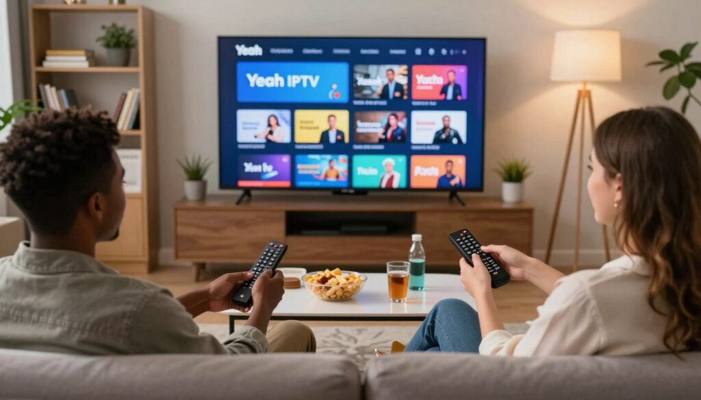 A sleek, modern living room with a large flat-screen TV displaying the Yeah IPTV interface, showcasing various streaming options, colorful thumbnails, and live TV channels. In the foreground, a diverse group of two friends (one Black, one Caucasian) is seated comfortably on a stylish couch, engaged in animated discussion while holding remote controls, dressed in business casual attire. The middle ground features a coffee table with snacks and drinks, enhancing the relaxed atmosphere. The background showcases a cozy bookshelf filled with books and a potted plant, with soft, warm lighting illuminating the scene and creating a welcoming vibe. The overall mood is dynamic and friendly, conveying the enjoyment of streaming live TV. A sleek, modern living room with a large flat-screen TV displaying the Yeah IPTV interface, showcasing various streaming options, colorful thumbnails, and live TV channels. In the foreground, a diverse group of two friends (one Black, one Caucasian) is seated comfortably on a stylish couch, engaged in animated discussion while holding remote controls, dressed in business casual attire. The middle ground features a coffee table with snacks and drinks, enhancing the relaxed atmosphere. The background showcases a cozy bookshelf filled with books and a potted plant, with soft, warm lighting illuminating the scene and creating a welcoming vibe. The overall mood is dynamic and friendly, conveying the enjoyment of streaming live TV.