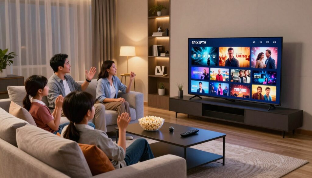 A sleek, modern living room with a large flat-screen TV displaying vibrant images of various entertainment options, symbolizing EPIX IPTV technology. In the foreground, a comfortable couch with cozy cushions invites viewers to relax. A stylish coffee table sits nearby, adorned with popcorn and a remote control. In the middle ground, a family of four—dressed in professional casual attire—enthusiastically engages with the content on screen, showcasing diverse programming like movies and shows. The background features soft, ambient lighting that creates a warm, inviting atmosphere, with shelves displaying books and decor, hinting at a cozy home environment. The camera angle is slightly elevated, capturing the entire scene in a wide shot, emphasizing the seamless integration of technology and family entertainment.