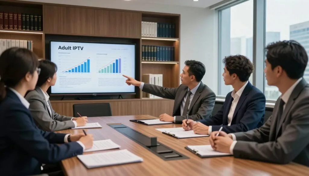 A sleek, modern office environment showcasing a large conference room table with legal documents spread out, representing the complexities of adult IPTV subscription laws. The foreground features a group of diverse professionals in business attire, engaged in discussion, with one pointing to a screen displaying graphs and data about subscription trends. In the middle, an elegant bookshelf filled with legal books and statutes related to telecommunications and digital content regulations. The background highlights a large window with cityscape views, emphasizing a sense of authority and industry. Soft, warm lighting creates a professional atmosphere, while a slight depth of field focus draws attention to the detailed interactions of the group. A sleek, modern office environment showcasing a large conference room table with legal documents spread out, representing the complexities of adult IPTV subscription laws. The foreground features a group of diverse professionals in business attire, engaged in discussion, with one pointing to a screen displaying graphs and data about subscription trends. In the middle, an elegant bookshelf filled with legal books and statutes related to telecommunications and digital content regulations. The background highlights a large window with cityscape views, emphasizing a sense of authority and industry. Soft, warm lighting creates a professional atmosphere, while a slight depth of field focus draws attention to the detailed interactions of the group.