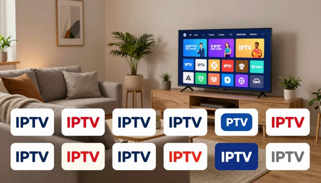 A vibrant and informative composition showcasing various IPTV channel logos prominently in the foreground, with a sleek modern living room in the middle ground. The living room features a cozy sofa with a large flat-screen TV displaying a colorful interface of streaming options. The background shows a tastefully decorated wall with art and plants, creating a relaxed atmosphere. Soft, warm lighting illuminates the scene, highlighting the details of the IPTV channel logos and the inviting setting. The image captures a mood of excitement and connectivity, reflecting the diverse streaming options available in France. The angle is slightly elevated to provide a clear view of the television and the surrounding comfort of the living space, emphasizing the modern lifestyle associated with IPTV services. A vibrant and informative composition showcasing various IPTV channel logos prominently in the foreground, with a sleek modern living room in the middle ground. The living room features a cozy sofa with a large flat-screen TV displaying a colorful interface of streaming options. The background shows a tastefully decorated wall with art and plants, creating a relaxed atmosphere. Soft, warm lighting illuminates the scene, highlighting the details of the IPTV channel logos and the inviting setting. The image captures a mood of excitement and connectivity, reflecting the diverse streaming options available in France. The angle is slightly elevated to provide a clear view of the television and the surrounding comfort of the living space, emphasizing the modern lifestyle associated with IPTV services.