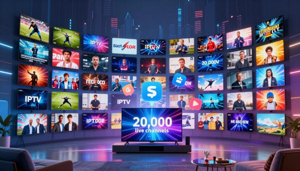 A vibrant digital collage representing "20,000 live channels," featuring a dynamic array of colorful TV screens displaying a variety of genres like sports, news, movies, and documentaries. In the foreground, a sleek modern living room with a stylish television set showcases mesmerizing visuals from multiple channels, creating a sense of immersion. The middle layer introduces an array of floating icons or thumbnails, symbolizing diverse content choices, connecting to the concept of a vast library. The background should depict a virtual skyline or abstract representation of endless possibilities, illuminated by ambient, glowing lights that evoke excitement. The atmosphere is energetic and engaging, inviting viewers to discover the vast offerings of an IPTV service, with soft lighting that enhances the vibrant colors and a slightly wide-angle perspective to accentuate depth.
