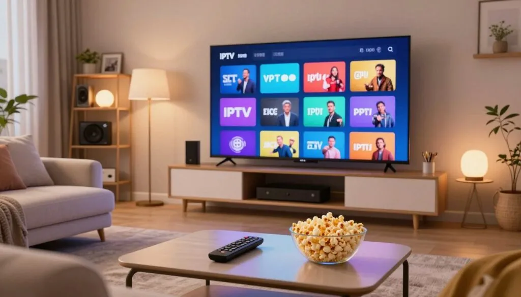 A vibrant, high-resolution 4K image showcasing a modern home entertainment setup centered around a large flat-screen television displaying a variety of colorful IPTV content icons and genres. In the foreground, a stylish coffee table holds a sleek remote control and a bowl of popcorn. In the middle, a comfortable couch with plush cushions invites viewers to relax and enjoy streaming. The background features a well-decorated living room with soft ambient lighting, highlighting a shelf filled with various entertainment gadgets and decor. The overall atmosphere feels cozy and inviting, perfect for an immersive viewing experience, captured with a warm, inviting tone, using a wide-angle lens to emphasize depth and comfort.