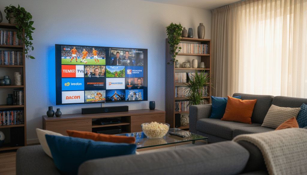 A vibrant living room setting showcasing a modern entertainment system with a large flat-screen TV displaying an array of Dutch television channels. The foreground features a stylish coffee table with a remote control and a bowl of popcorn. In the middle, the comfortable sofa is adorned with plush cushions, while the TV screen illuminates the room with dynamic images from various Dutch shows and sports events. The background includes a bookshelf filled with DVDs and decorative items, and a window letting in warm, natural light. The mood is inviting and relaxed, reflecting an enjoyable viewing experience. Use a wide-angle lens to capture the entire scene and a soft focus on the background to emphasize the TV and living space. A vibrant living room setting showcasing a modern entertainment system with a large flat-screen TV displaying an array of Dutch television channels. The foreground features a stylish coffee table with a remote control and a bowl of popcorn. In the middle, the comfortable sofa is adorned with plush cushions, while the TV screen illuminates the room with dynamic images from various Dutch shows and sports events. The background includes a bookshelf filled with DVDs and decorative items, and a window letting in warm, natural light. The mood is inviting and relaxed, reflecting an enjoyable viewing experience. Use a wide-angle lens to capture the entire scene and a soft focus on the background to emphasize the TV and living space.