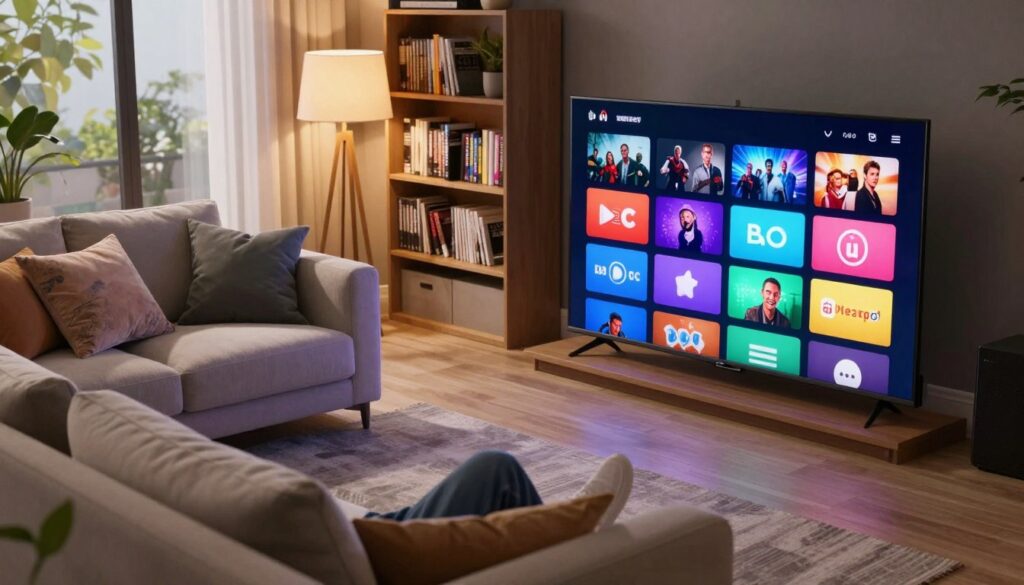 A vibrant scene depicting a variety of streaming channels on a sleek flat-screen TV, placed in a modern living room setting. In the foreground, there are various colorful channel icons glowing on the TV screen, representing diverse entertainment genres like action, comedy, documentaries, and sports. In the middle, a comfortable sofa is adorned with plush cushions, inviting viewers to relax. Soft ambient lighting from stylish lamps casts a warm glow, creating a cozy atmosphere. In the background, a bookshelf filled with DVDs and books adds character to the space. The room has a contemporary design, with large windows allowing natural light to filter in, enhancing the inviting mood. The angle captures the scene from a slight overhead perspective, emphasizing the connection between relaxation and entertainment.