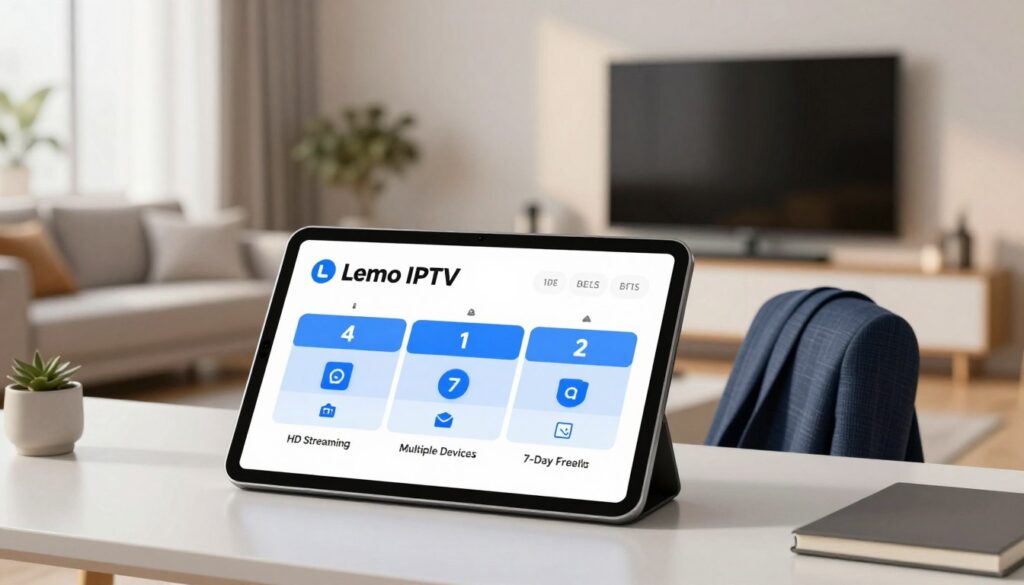 A visually appealing digital illustration showcasing Lemo IPTV subscription plans. The foreground features a sleek, modern tablet displaying an organized chart detailing three subscription tiers with icons representing features such as "HD Streaming," "Multiple Devices," and "7-Day Free Trial." In the middle, an elegant desk with professional business attire, such as a blazer draped over a chair, complements the tech-centric theme. The background consists of a softly blurred, contemporary living room, with a cozy couch and a large wall-mounted TV, casting a warm glow that suggests relaxation and entertainment. The lighting is bright yet soft, creating a welcoming atmosphere. The overall scene should evoke a sense of innovation and convenience, inviting the viewer to explore the benefits of Lemo IPTV.