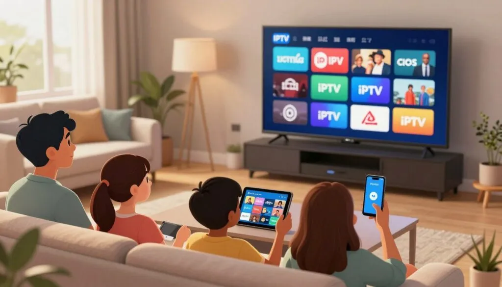A visually engaging illustration depicting a diverse group of people watching IPTV on various devices, such as a smart TV, tablet, and smartphone, in a cozy living room setting. The foreground features a family enjoying a movie night, seated on a comfortable couch, with expressions of excitement and relaxation. In the middle ground, a state-of-the-art entertainment system displays an array of popular IPTV channel icons, all brightly colored and distinct. The background features a well-decorated living space with soft lighting, creating a warm and inviting atmosphere. Use a depth-of-field effect to focus on the family while softly blurring the background. The overall mood should convey a sense of shared enjoyment and the convenience of seamless streaming.