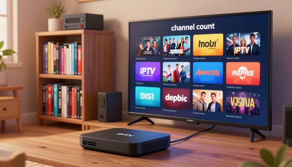 A visually engaging illustration representing the concept of "channel count" in IPTV subscriptions. In the foreground, prominently display a modern digital device, such as a sleek black streaming box connected to a large flat-screen TV, showcasing vibrant channels in quick succession. In the middle ground, incorporate stacked shelves filled with colorful DVDs and digital storage devices labeled with various genres (e.g., movies, sports, news). The background should feature a cozy living room setting with warm ambient lighting, creating a welcoming atmosphere. Utilize a slightly angled perspective to give depth to the scene, highlighting both the device and the rich content library. The overall mood should be informative and inviting, reflecting the excitement of streaming options available. A visually engaging illustration representing the concept of "channel count" in IPTV subscriptions. In the foreground, prominently display a modern digital device, such as a sleek black streaming box connected to a large flat-screen TV, showcasing vibrant channels in quick succession. In the middle ground, incorporate stacked shelves filled with colorful DVDs and digital storage devices labeled with various genres (e.g., movies, sports, news). The background should feature a cozy living room setting with warm ambient lighting, creating a welcoming atmosphere. Utilize a slightly angled perspective to give depth to the scene, highlighting both the device and the rich content library. The overall mood should be informative and inviting, reflecting the excitement of streaming options available.