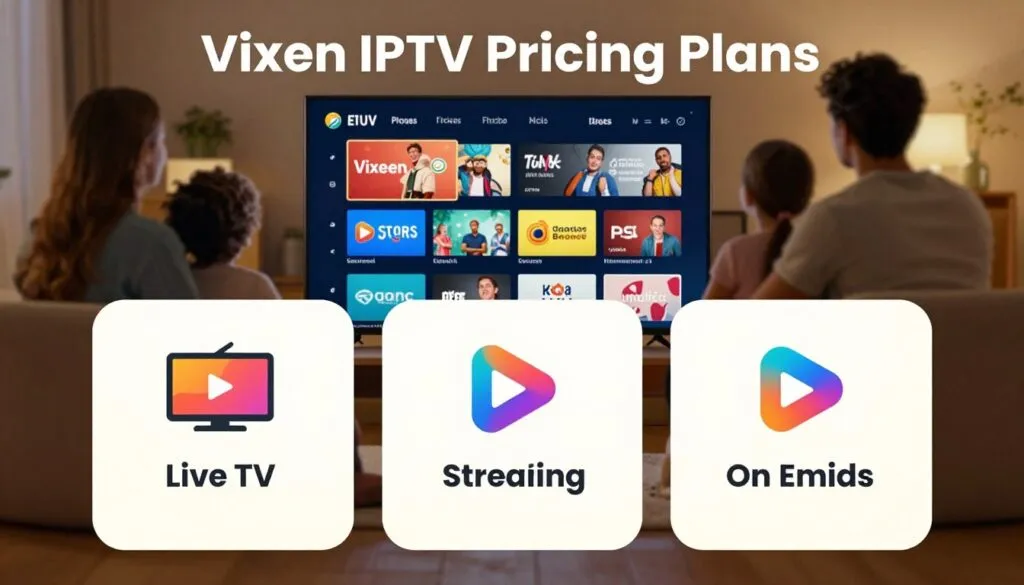 A visually striking infographic showcasing "Vixen IPTV Pricing Plans". In the foreground, feature three distinct pricing tiers displayed as elegant, rounded boxes, each containing icons of live TV, streaming, and on-demand content. The middle ground includes a sleek tablet or smart TV displaying vibrant channel options and logos, symbolizing endless entertainment. In the background, softly blurred silhouettes of a family enjoying a movie night at home, conveying a sense of warmth and togetherness. Use warm, inviting lighting to create a cozy atmosphere with a slight lens vignette effect. The overall mood should be modern and enticing, inviting viewers to explore subscription options without any text or overlays. A visually striking infographic showcasing "Vixen IPTV Pricing Plans". In the foreground, feature three distinct pricing tiers displayed as elegant, rounded boxes, each containing icons of live TV, streaming, and on-demand content. The middle ground includes a sleek tablet or smart TV displaying vibrant channel options and logos, symbolizing endless entertainment. In the background, softly blurred silhouettes of a family enjoying a movie night at home, conveying a sense of warmth and togetherness. Use warm, inviting lighting to create a cozy atmosphere with a slight lens vignette effect. The overall mood should be modern and enticing, inviting viewers to explore subscription options without any text or overlays.