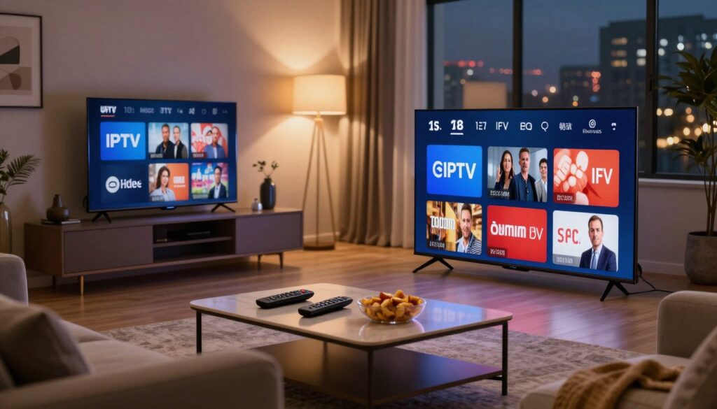 A contemporary living room scene, showcasing a sleek smart TV displaying various IPTV subscription options on the screen, arranged prominently in the foreground. The living space features a stylish sofa, modern decor, and ambient lighting that creates a relaxed atmosphere. The middle layer includes a coffee table with remote controls and snacks, inviting an evening of entertainment. In the background, a window reveals an evening cityscape with soft lights, enhancing the mood of comfort and leisure. Use a warm color palette, and employ soft focus on the background to highlight the TV screen. Capture this scene from a slightly elevated angle to provide depth, evoking a sense of an enjoyable viewing experience.