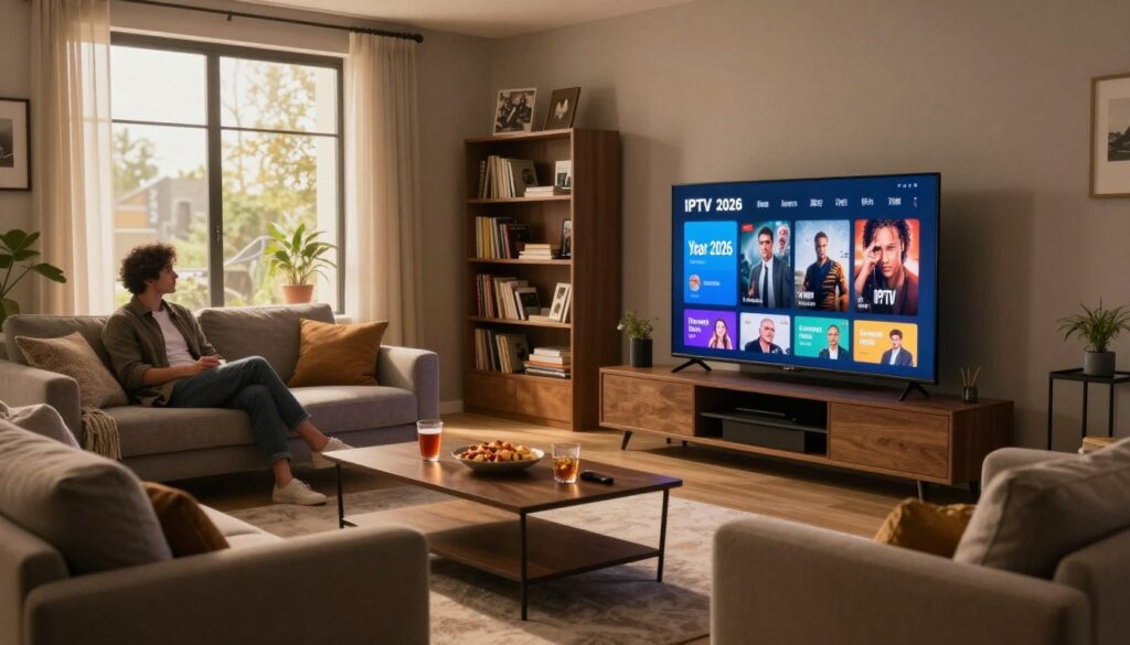 A cozy and modern living room setting designed for a relaxed viewing experience. In the foreground, a sleek flat-screen television displays dynamic IPTV graphics showcasing premium content options for the year 2026. Comfortable furniture is arranged for optimal viewing, with soft lighting casting a warm glow across the room. A coffee table with snacks and drinks is neatly set between plush couches. In the middle ground, an elegant bookshelf filled with movies and entertainment memorabilia adds depth. The background features a large window letting in natural light, enhancing the inviting atmosphere. Emphasize a peaceful ambiance, suitable for enjoying quality content with friends or family. The angle captures the entire room, presenting an engaging environment for entertainment.