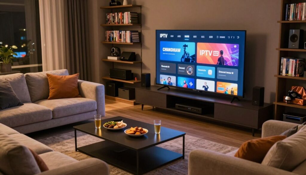 A cozy and modern living room setup featuring a large flat-screen TV displaying a high-resolution IPTV streaming interface. In the foreground, a stylish coffee table with snacks and drinks, suggesting a relaxed viewing experience. The middle ground includes a comfortable sectional sofa with plush cushions, inviting viewers to settle in for entertainment. The background showcases shelves filled with DVDs and tech gadgets, emphasizing a technological ambiance. Soft, warm lighting enhances the atmosphere, illuminating the room while casting gentle shadows. The angle is slightly elevated, offering a sweeping view of the room, creating a welcoming and immersive environment that conveys high-quality streaming experiences and advanced technical performance.