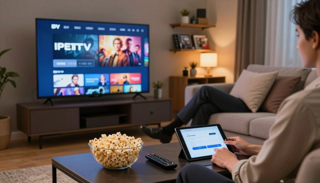 A cozy, inviting living room scene with a sleek, modern television displaying a vibrant interface of an IPTV streaming service focused on adult movies. In the foreground, a stylish coffee table holds a bowl of popcorn, a remote control, and a tablet showing a secure payment page for the streaming service. In the middle, a comfortable couch is adorned with plush cushions, where an individual in professional business attire is relaxed, browsing through movie options, exuding a sense of ease and confidence. The background features soft, ambient lighting that creates a warm atmosphere, with shelves displaying neatly arranged DVDs and decor. The lens captures the scene from a slightly elevated angle to emphasize the welcoming nature of home entertainment while ensuring a sophisticated and secure vibe.