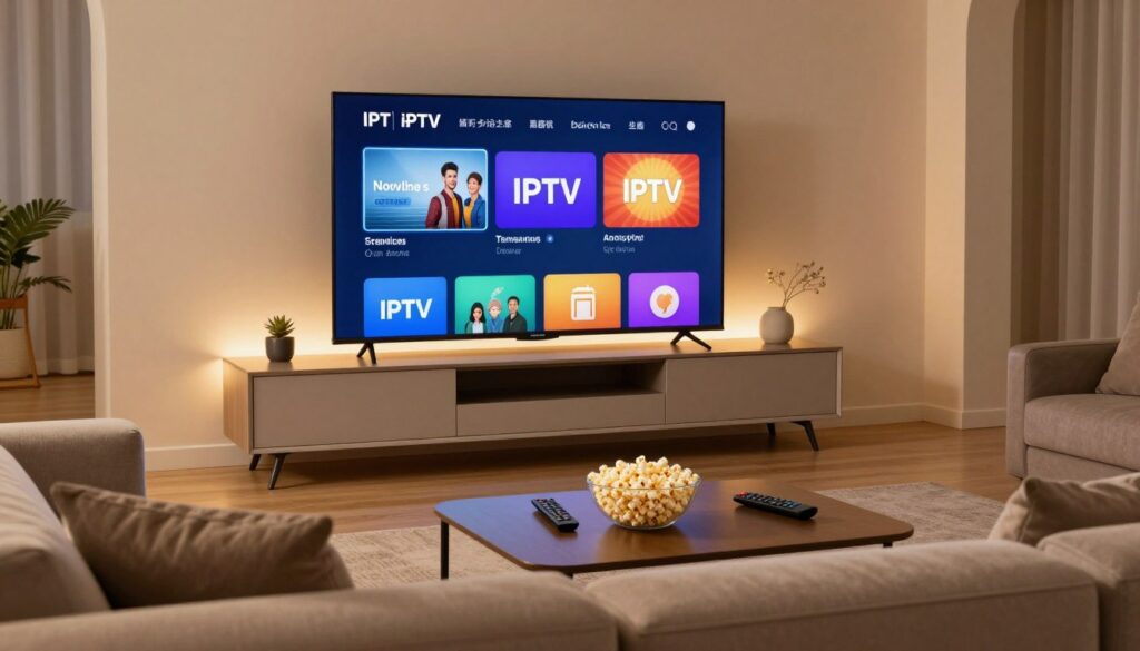 A cozy living room featuring a sleek, modern entertainment center displaying a vibrant IPTV interface on a large flat-screen TV. In the foreground, a stylish, comfortable sofa adorned with neutral-toned cushions, creating an inviting atmosphere. On a coffee table, a remote control and a bowl of popcorn sit, suggesting a movie night. The middle ground reveals a subtle glow emanating from the TV, illuminating the room, while a few decorative items enhance the welcoming ambiance. In the background, soft, warm lighting highlights the room's decor, creating a calm and relaxing mood. The overall composition emphasizes superior streaming quality, showcasing the advanced technology of premium IPTV service in a home setting.